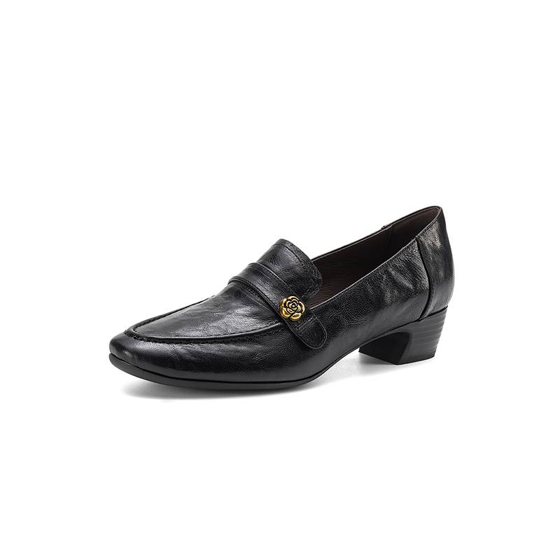 Krazing Pot Sheepskin Round Toe Thick Med Heels Spring Shoes Slip On Big Size 42 Metal Flowers Women Pleated Pumps