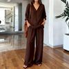 Women's V Neck Long Sleeve Top And Wide Leg Pants Set Casual Loose Two Piece Outfits For Spring Summer
