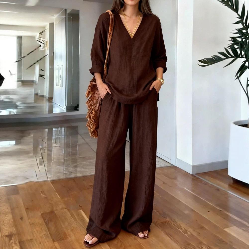 Women's V Neck Long Sleeve Top And Wide Leg Pants Set Casual Loose Two Piece Outfits For Spring Summer