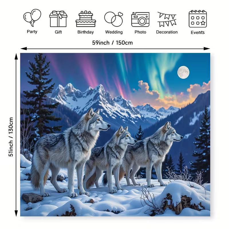 2D Winter Wolf Northern Lights Tapestry Snow Forest Party Backdrop Wall Art