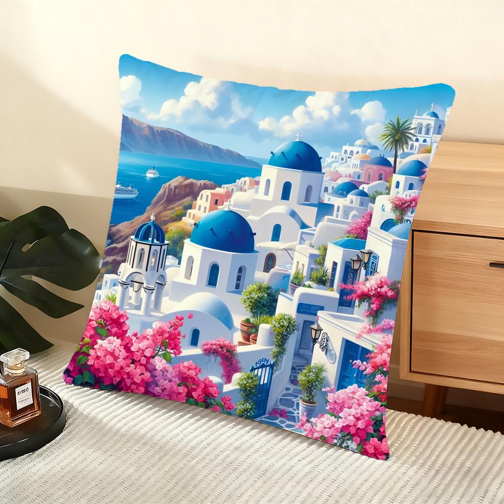 Santorini Landscape Cushion Cover Soft Short Plush Pillow Cover Smooth Cozy Texture Aesthetic Cushion Case Home Decor