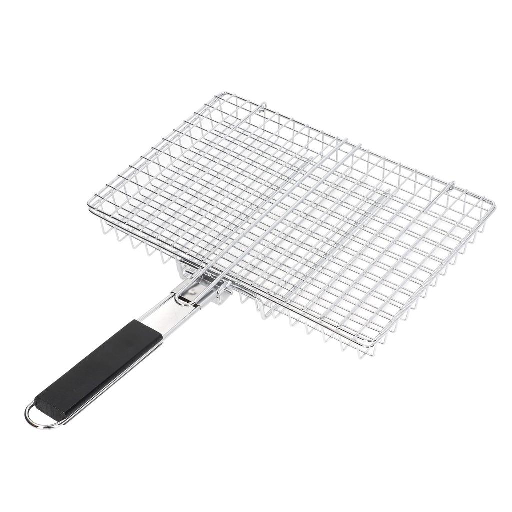 BBQ Grilling Basket Stainless Steel Folding Reusable Heat Resistant Wooden Handle Barbecue Rack for
