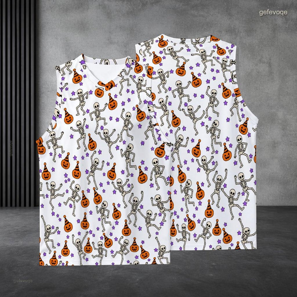 Men Plus Size V Neck Sleeveless Tank Top Halloween Mummy Pumpkin Printed White