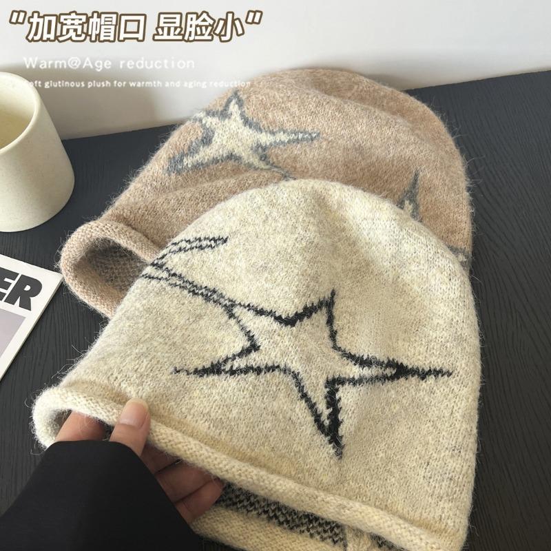 Pile hat women's retro knitted bag hat new big head circumference confinement hat autumn and winter ear protection cold hat