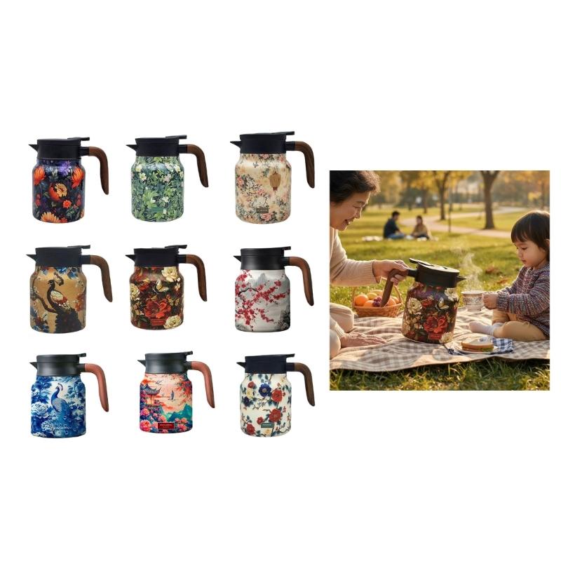 Premium Thermal Florals Teapot 1000ml Removable Infuser Stainless Steels Body And Ergonomic Wooden Handle Teas Kettle