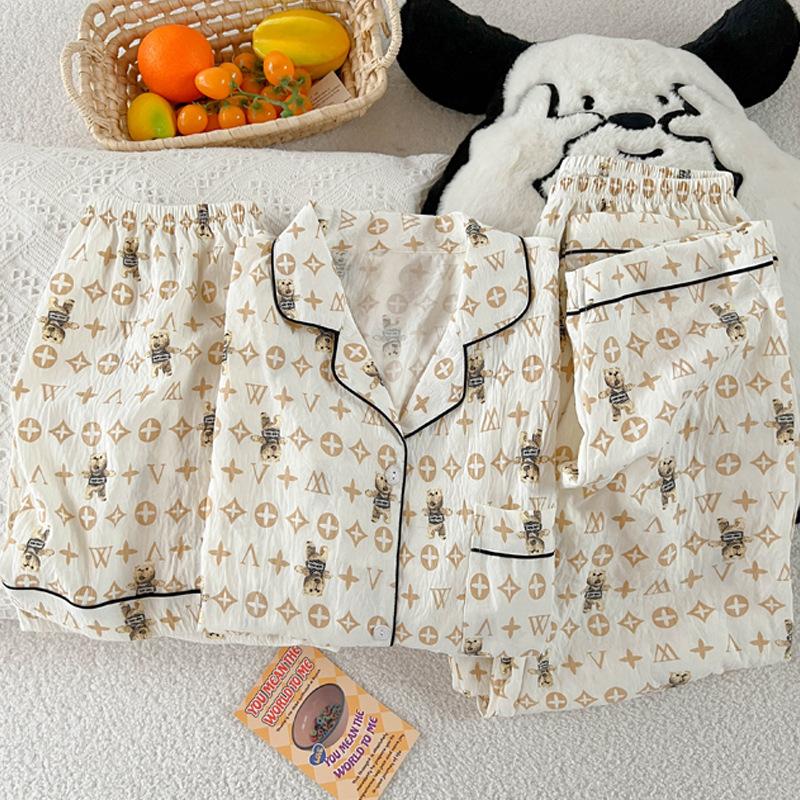 Light Luxury High-End Sense Summer Fashion Cloud Cotton Pajamas Women'S Short-Sleeved Casual Three-Piece Set Loungewear