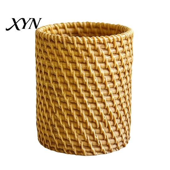 Makeup Brush Holder Faux Rattan Pen Holder, Woven Style Boho Pencil Storage Box Desktop Organizer, Multi-functional Resin Cup for Home Office