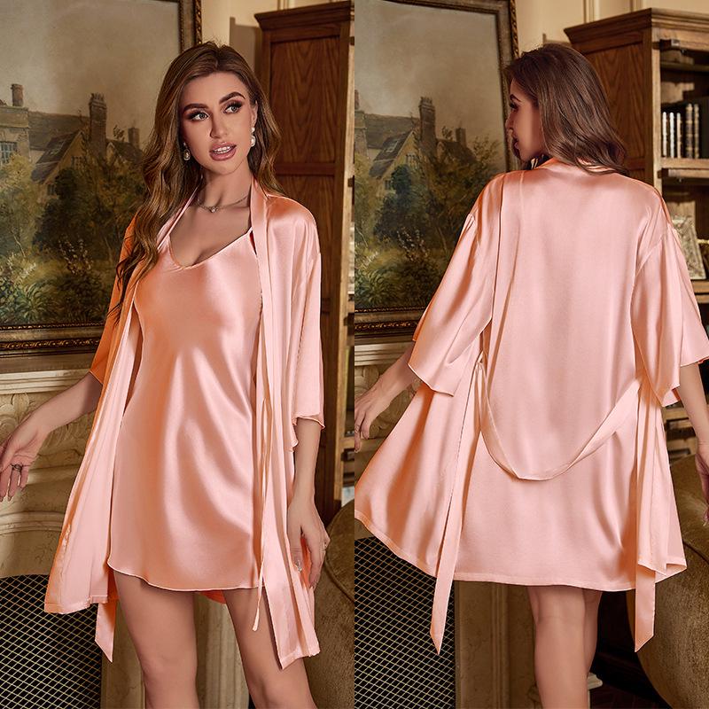 Summer Ice Silk Pajama & Robe Set for Women - Camisole Two-Piece Home Wear.
