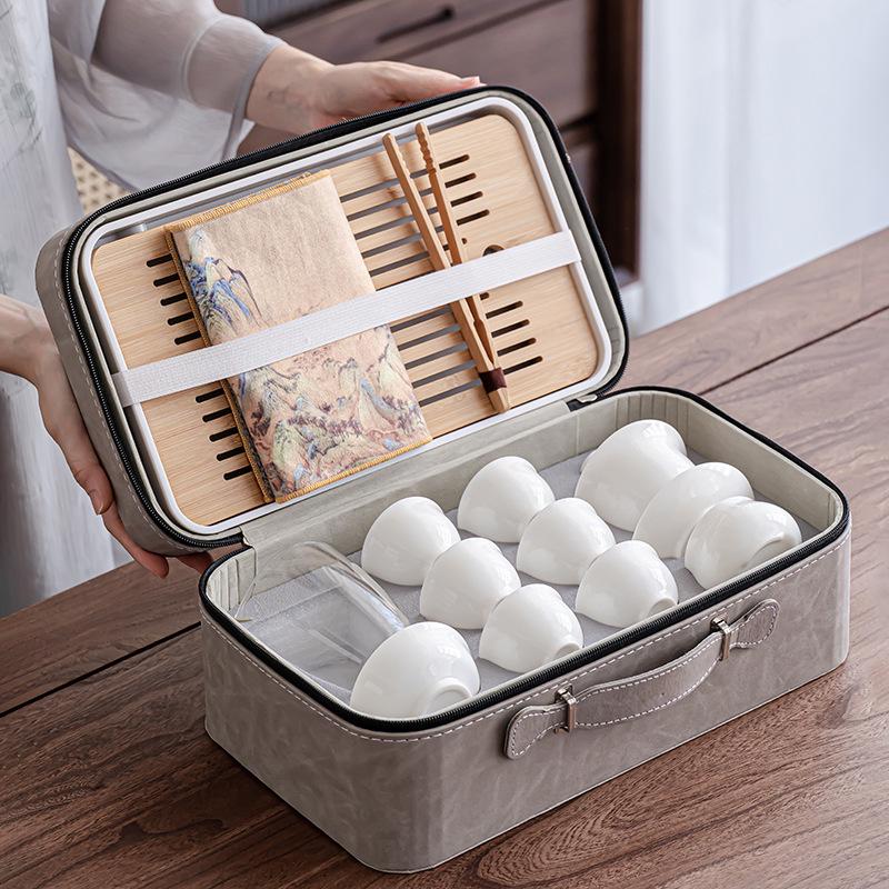 Jade White Porcelain Camping Travel Gongfu Tea Set with Tea Tray
