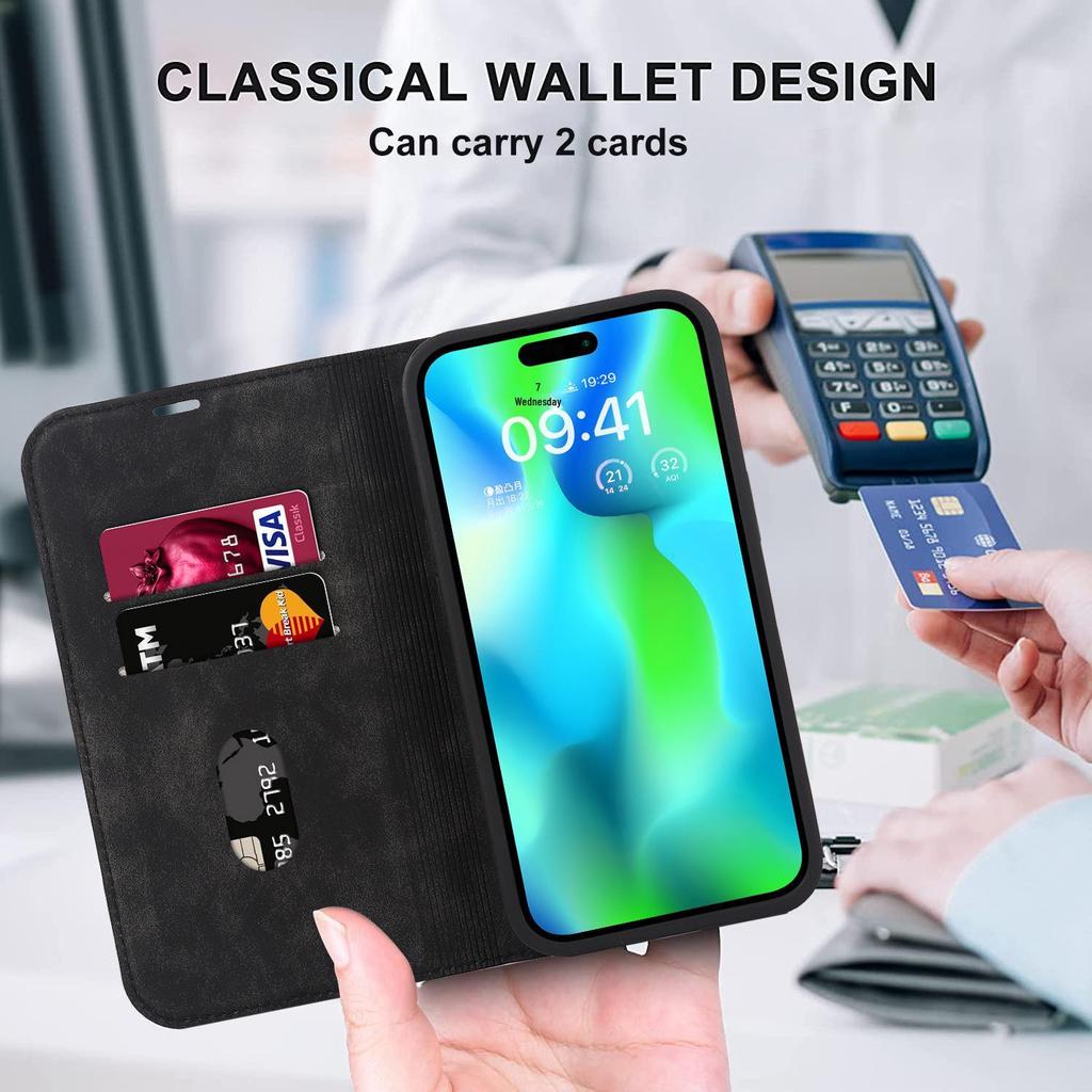 iPhone 15 Anti-Theft Leather Case with MagSafe, Wireless Charging, and Card Holder