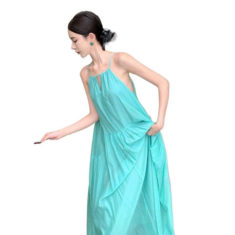 French hollow camisole dress for women, summer seaside vacation beach dress, pleated lazy and relaxed long skirt
