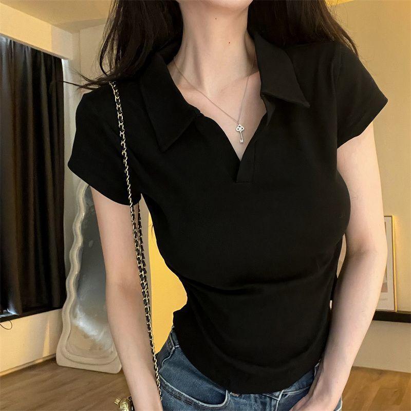 Summer Sexy Spice Slim Skinny Short Polo Neck Short Sleeve Fashion Personality Versatile Solid Color Top T-Shirt Ins
