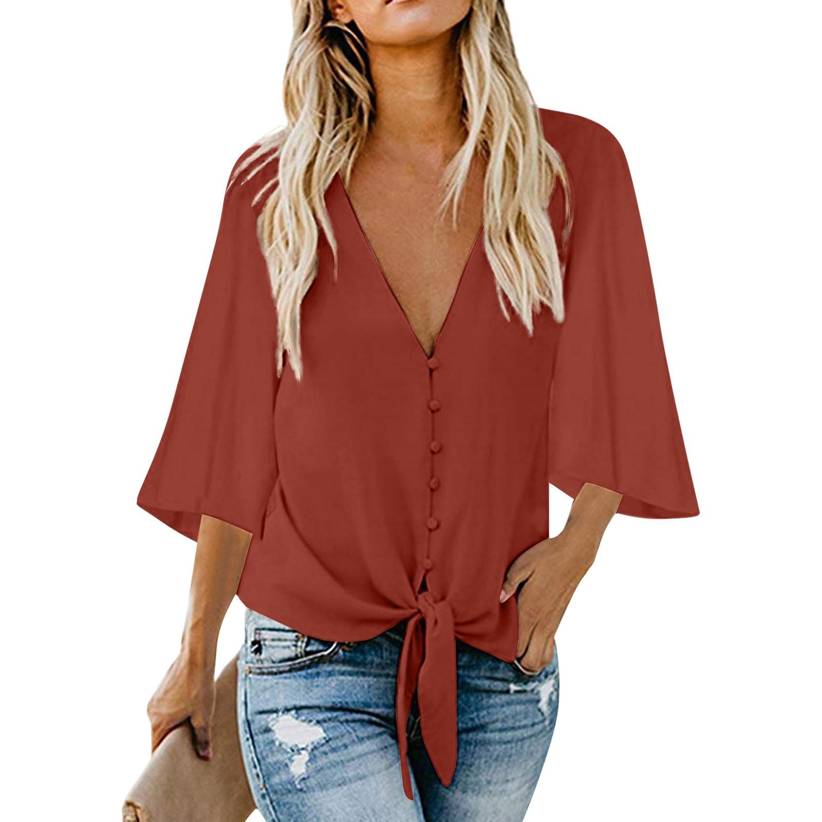 

Женская модная рубашка с завязками на пуговицах и v-образным вырезом, однотонная рубашка со средним рукавом XXL