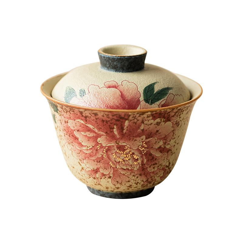 Blue And White Flint Red Peony Gaiwan Elegant Tea- Tureen Tea Bowl With Lid Kit Tea Maker Cover Bowl Kung Fu Tea Set Craft
