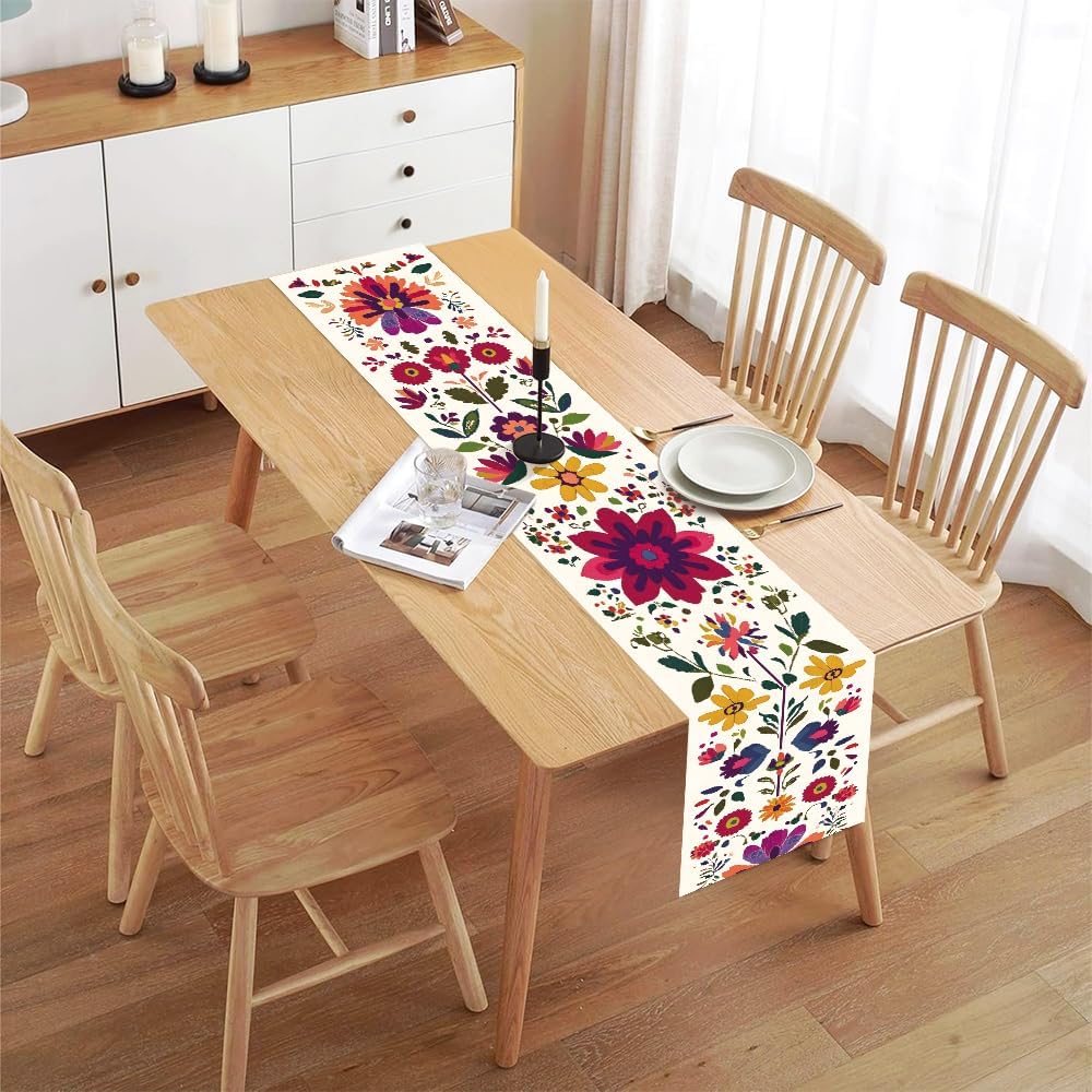 ANNA QUEEN Boho Floral Table Runner 13x72 Inch, Colorful Mexican Otomi-Style, Folk Art Table Decor for Dining Table, Fiesta Party, Kitchen, Wedding