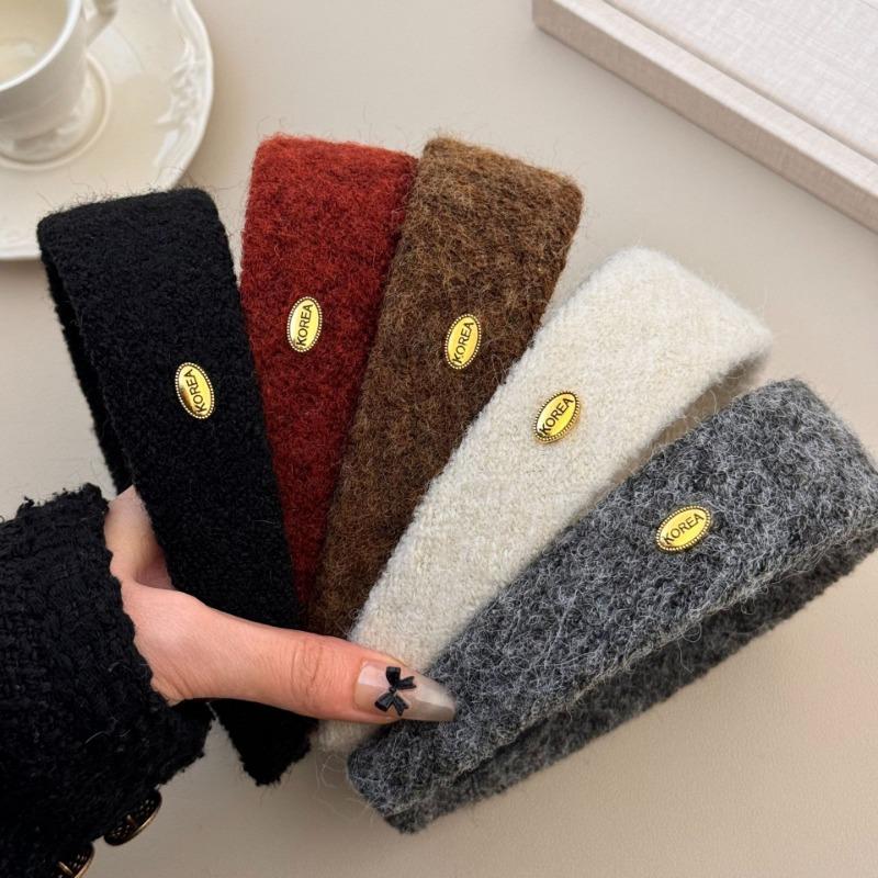 Wool Oval Gold Label Wide Hair Band for Autumn and Winter, High Top Hairpin, High-end Headband for Going Out