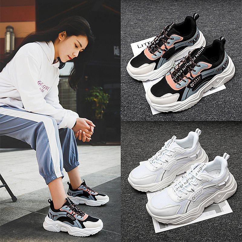 Shoes with Thick Soles Leather Color-blocked Shoes Sneakers Women