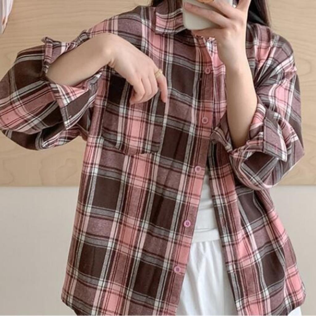 Retro Plaid Shirt Plain Tops Spring Autumn Lapel Long Sleeve Shirts Women Chic Loose Blouse Asian Size
