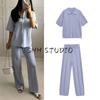 Summer New Arrival Women Clothes Ins Style Hollow Out Polo Shirt T-shirt Top + Hollow Out High Waist Casual Trousers Set