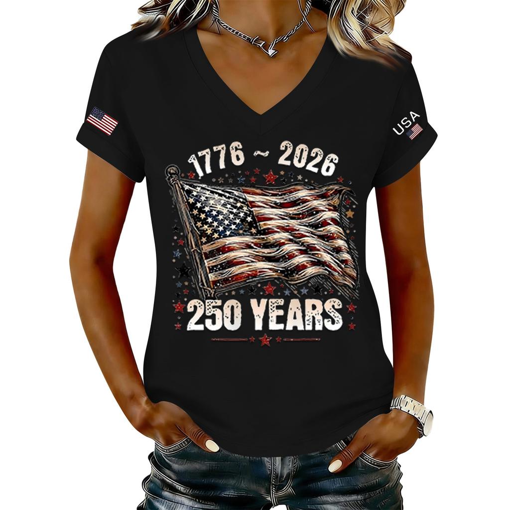 Modisches Damen-T-Shirt mit V-Ausschnitt, lässig, im Retro-Print, kurzärmelig