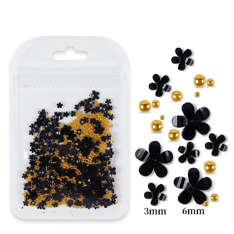 200pcs Five-Petal Nail Art Flowers with Gold & Silver Beads - White & Pink Resin Ornaments