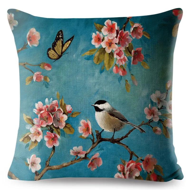 Vintage Flower Pillow Case Decor Blue Painting Flower Bird Pillowcase Polyester Cushion Cover for Sofa Car Home 45x45cm