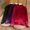 Vintage Women's Velvet Long-sleeve T-shirt Autumn/Winter Embroidered Turtleneck Velvet Blouse Stretch Pullover