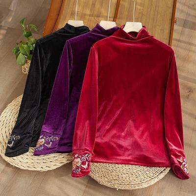 Vintage Women's Velvet Long-sleeve T-shirt Autumn/Winter Embroidered Turtleneck Velvet Blouse Stretch Pullover