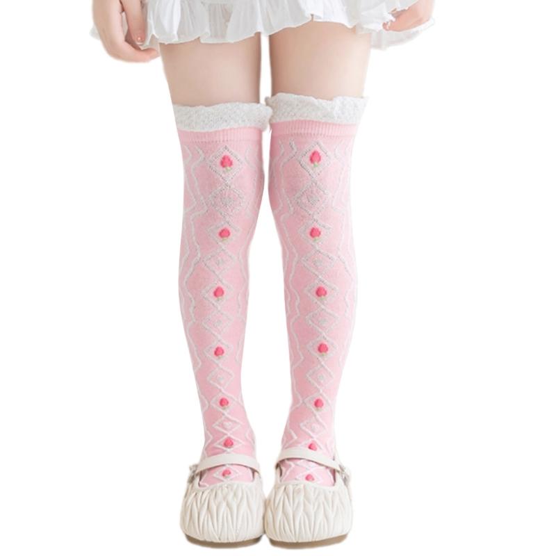 Children's Knee Length Cotton Socks Baby Girls Long Tube Socks Soft Stockings Flower Pattern for School Uniforms
