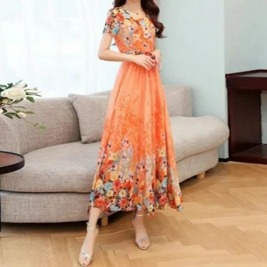 Elegantes Sommerkleid mit U-Ausschnitt, hoher Taille und A-Linie für Frauen mittleren Alters