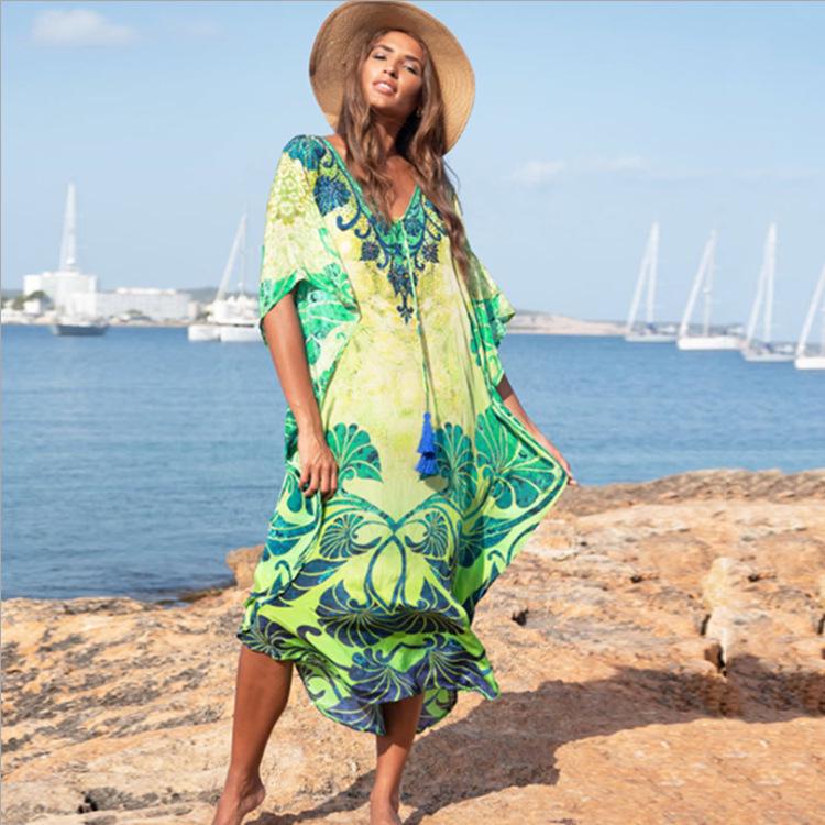 European & American Style Beach Cover-Up: Printed Long Robe Rayon Dress for Seaside Vacations and Swimwear.