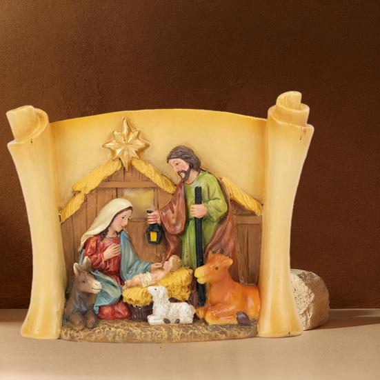 Christmas Manger Shed Statue Religious Nativity Scene Resin Stable Creche Figurine for Xmas Tabletop Decoration