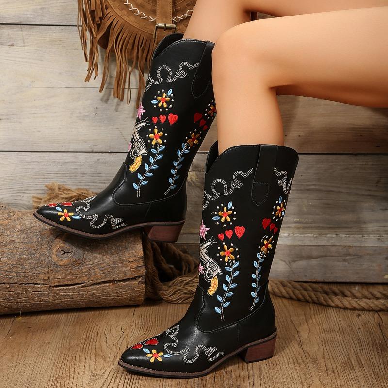 Large Size Long Embroidered Boots Thick Heel Women's High Boots Women's