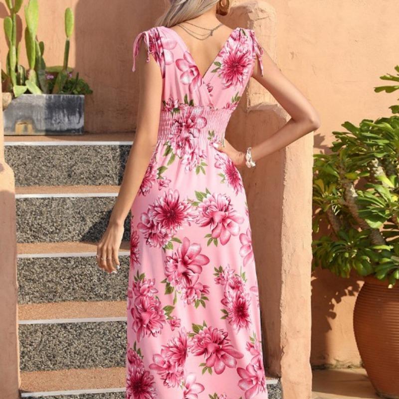 Vintage V-Neck Dress Sleeveless High Waist Dress for Women Summer Printed Dress Plus Size Tie Up Dress Loose Casual Versatile Dress Oversized Dress