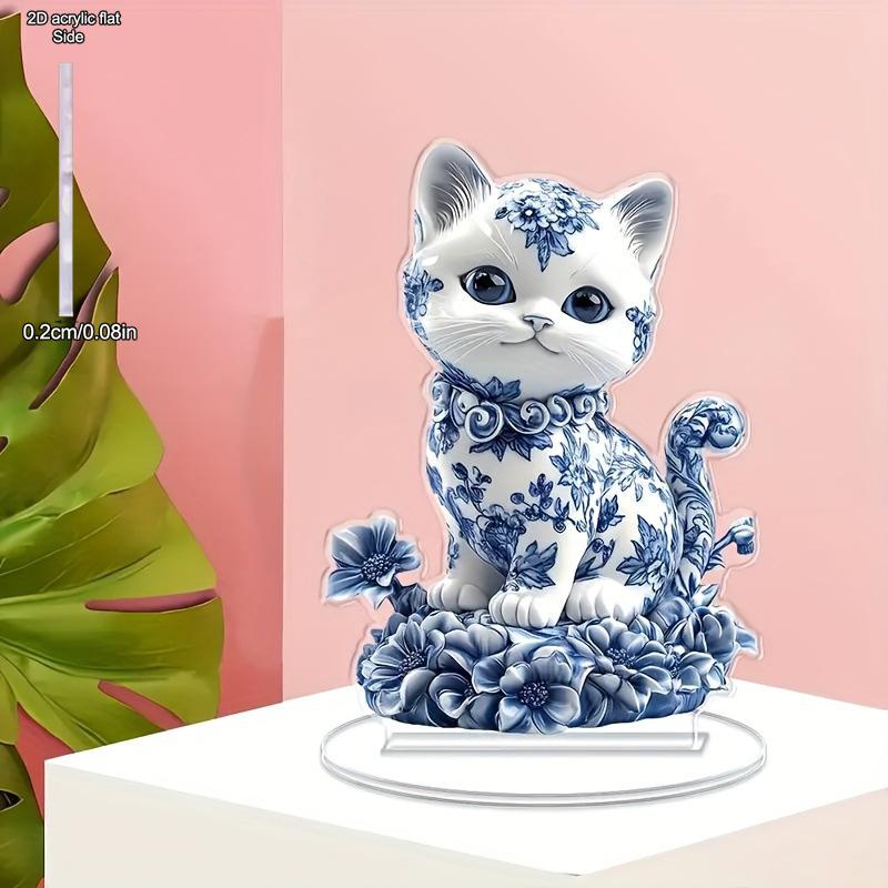 2D Blue White Porcelain Cat Ornament with Acrylic Bracket - Waterproof Multi Functional Home, Office, and Cafe Stand Ornaments