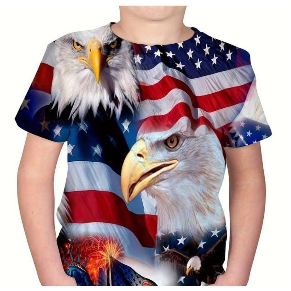 Boys' Short-Sleeved 3D Digital Print Casual T-Shirt with Eagle Design