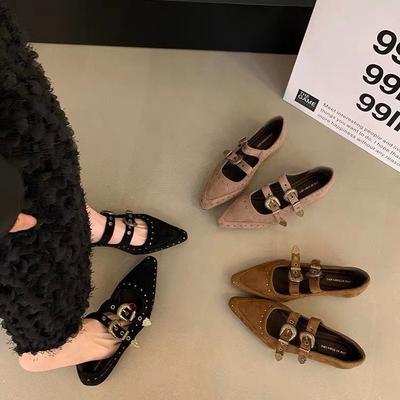 Retro niche klinknagel puntige Mary Jane damesschoenen 2025 nieuw innerlijke hoogte verhoging suède veelzijdige pendelschoenen dames