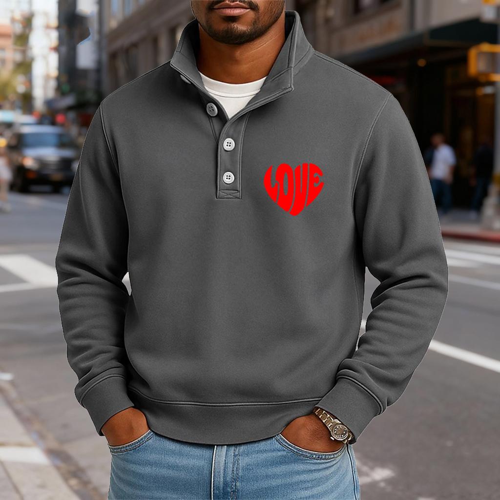 Men's Casual Stand-Up Collar Long-Sleeve Top Print Button-Down Sweatshirt