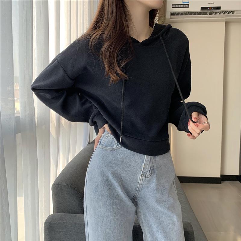 2023 Autumn/Winter Women's European & American Style Loose Hooded Cropped Sweatshirt with Long Sleeves