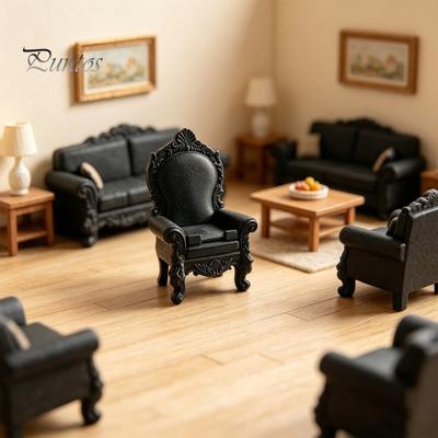 Portable Dollhouse Accessory Miniature Vintage Chair, Mini Single Chair Model, Retro Black Handcrafted Sofa Figurine, 1/12 Scale Furniture,