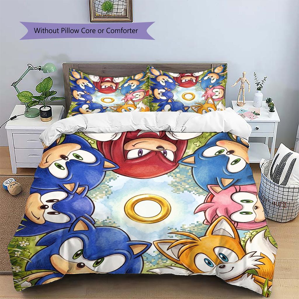 Hedgehog Sonic Pattern Bedding Quilt Set Quilt Cover Pillowcase Home Decoration Birthday Gift (1 * Duvet Cover + 2 * Pillowcase, Without Core)