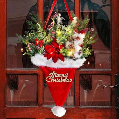 Christmas Hat Wreath LED Lighted Santa Hat Wreath with Artificial Pine Cones Red Berries Flowers Xmas Wall Hanging Ornament for Front Door Farmhouse