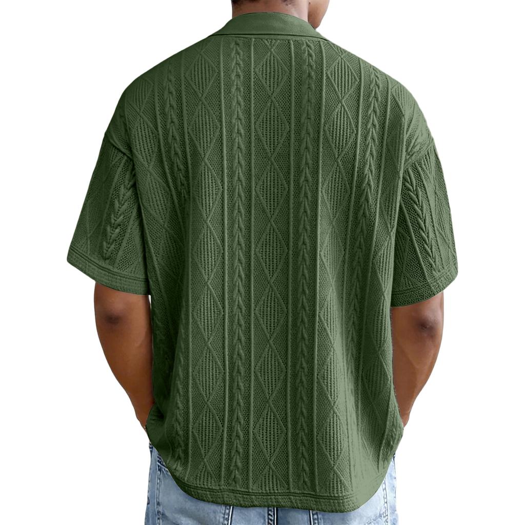 Casual  Shirts For Men Jacquared Texture Short Sleeve Tshirts Summer Loose Fit Breathable Outdoor Tops Plus Size
