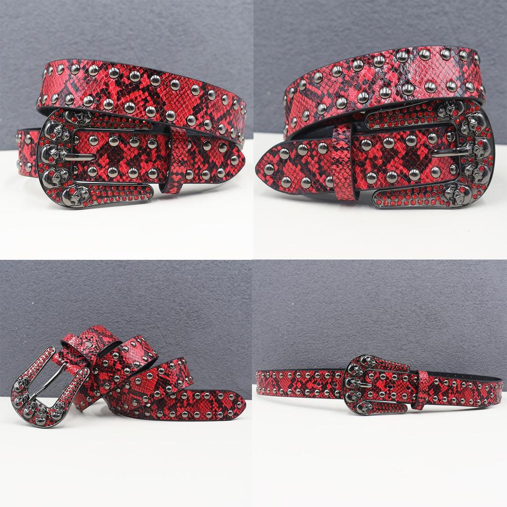 Cintura Unisex Y2K Teschio Strass con Borchie e Decorazioni Effetto Pelle di Serpente