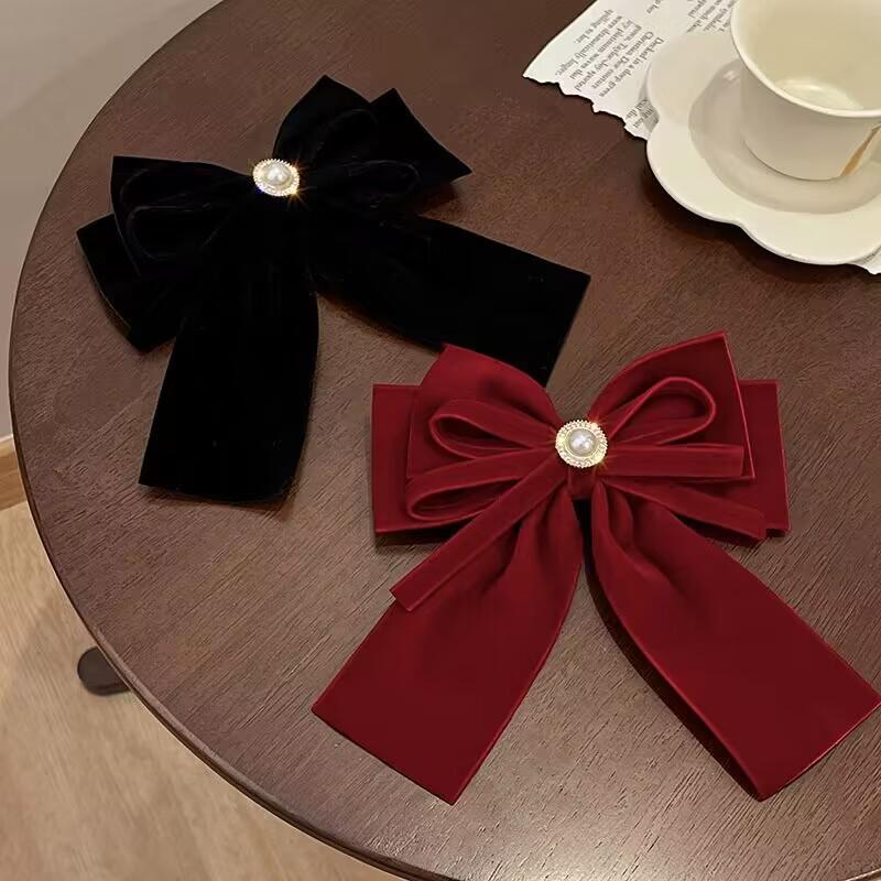 Velvet Bow Pearl Inlaid Hair Clip: Japanese & Korean Style