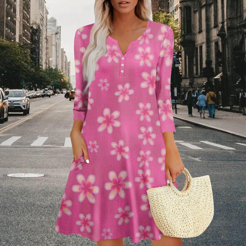 Women's Summer Dress Loose V Neck Three-quarter Sleeve Sundress With Pockets Dress
