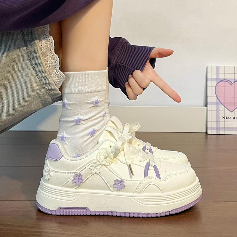 Koreanische Leinenschuhe für Mädchen - 2026 Blumenmuster, Dicke Sohle, Frühling/Herbst, Lässig Weiß