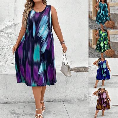 Women's Summer Plus Size Midi Dress Round Neck Sleeveless Floral Printed Knee-Length Dress