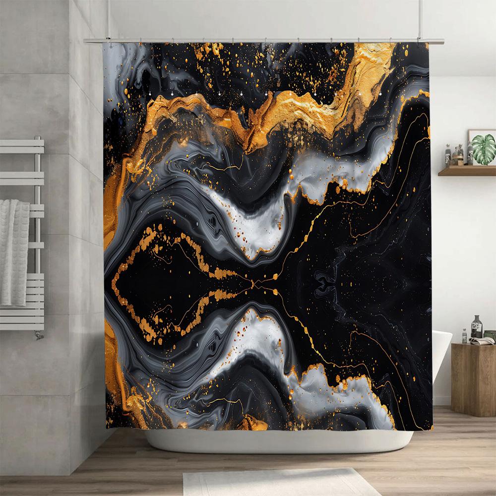 Luxury Marble Print Shower Curtain Set Black Gold Geometric Pattern Bathroom Decor with Rod Pocket for Home Bathing Room (69 x 7