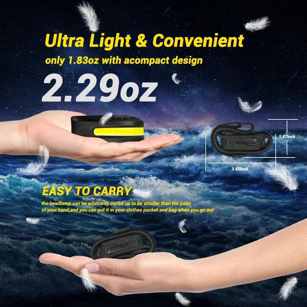 KDULIT Sensor LED Headlamp COB Wide Beam Wave Induction Head Lamp Built in Battery USB Rechargeable Fishing Headlight Lantern
